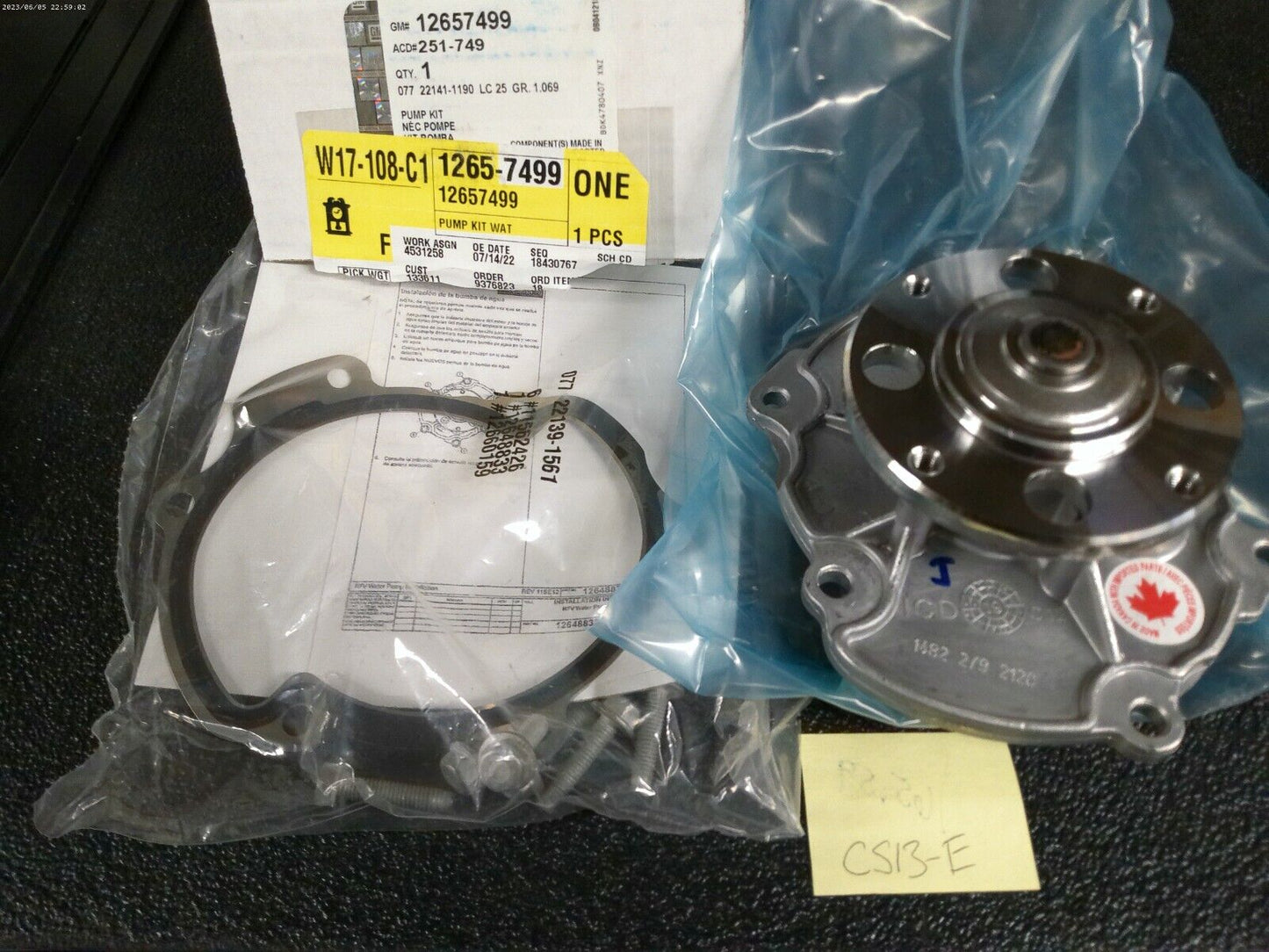 Water Pump Kit, Genuine OEM GM 12657499 or ACDelco 251-749 | CS13-E