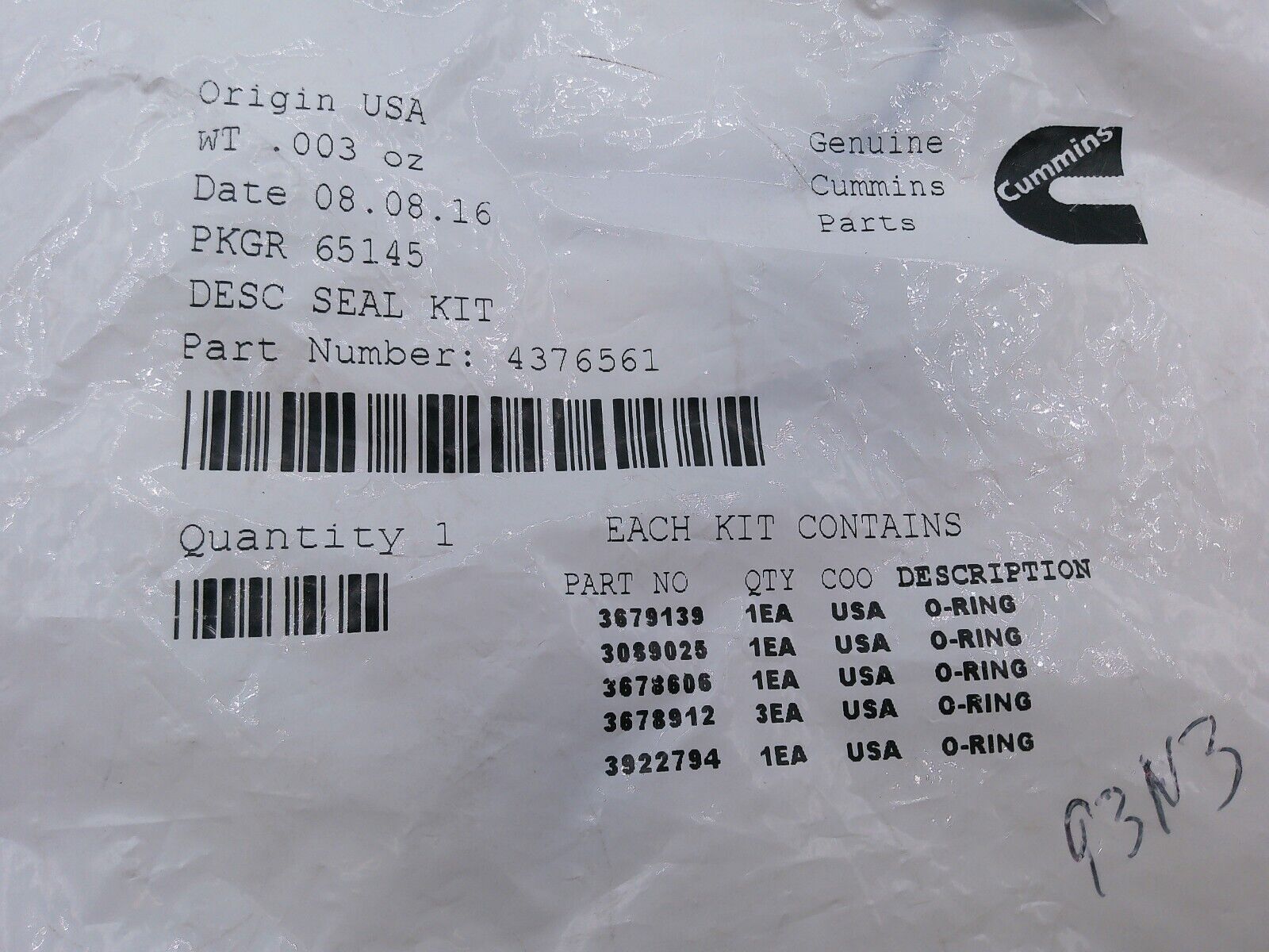 Genuine OEM 4376561 CUMMINS SEAL KIT | VM2-02-A